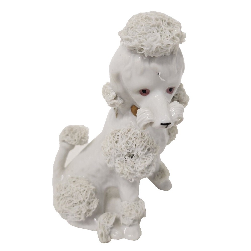 VTG 1950s Ceramic White Spaghetti Poodle Dog Figurine Japanese Rare Mid Century
